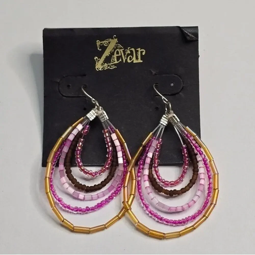 Treska Zevar Beaded Teardrop Earrings Multi Layer Pink Gold Brown Boho Statement